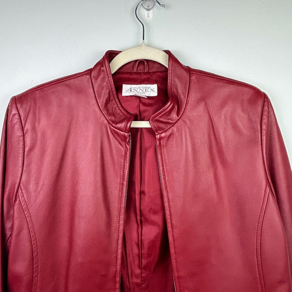 Casual Corner Annex Petite 90's Red Leather Jacket Zip Front Racing Lined M - Picture 3 of 16
